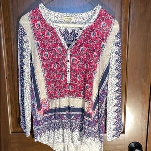 Anthropologie Red and Blue Patterned Blouse